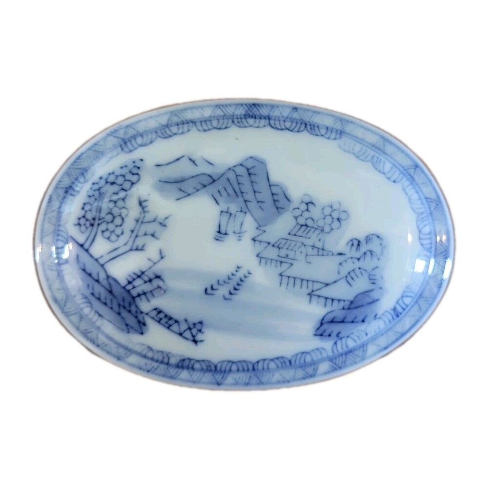 Porcelain Oval Box w/ Lid - Blue & White Decorative Trinket - Unmarked